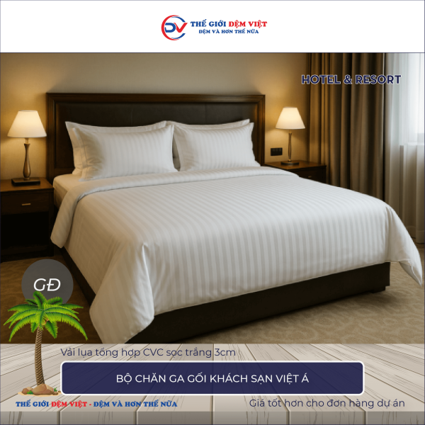 Bộ chăn ga gối khách sạn Việt Á vải lụa tổng hợp CVC sọc trắng 3cm 3-3